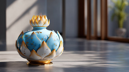 This stunning ceramic vase features a beautiful lotus flower design with rich blue and gold colors, perfect for enhancing any interior space with elegance.の素材