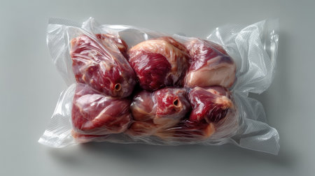 This image showcases a pack of fresh raw meat sealed in vacuum packaging, highlighting its freshness and ideal for culinary applications. Perfect for food enthusiasts.の素材