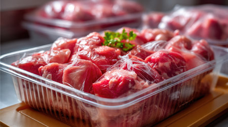 Vibrant display of fresh raw meat in transparent packaging, ready for culinary uses and meal preparation. Ideal for food enthusiasts and chefs alike.の素材