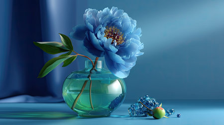 This stunning image features a vibrant blue peony elegantly displayed in a glass vase with decorative elements. Set against a soft blue background, it captures beauty and tranquility, perfect for interior design inspiration.の素材