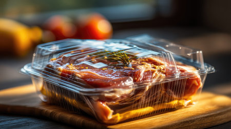 An artistic shot of freshly packaged raw meat in a clear plastic container, garnished with rosemary, perfect for culinary inspiration and meal planning.の素材