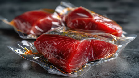This image features fresh sushi-grade tuna steaks neatly packaged in vacuum-sealed plastic on a dark textured surface, ideal for culinary use.の素材