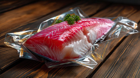 A vibrant red fish fillet elegantly placed in vacuum packaging on a rustic wooden table, garnished with a green herb, perfect for culinary displays.の素材
