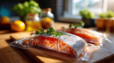 Fresh salmon fillets displayed on a wooden cutting board, garnished with herbs and complemented by citrus fruits, capturing a bright and inviting kitchen scene.の素材