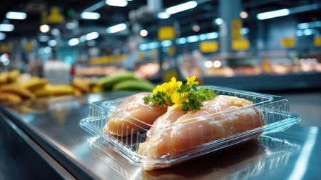 Fresh chicken breasts neatly packaged and displayed in a supermarket aisle, surrounded by colorful vegetables and bright store interior, emphasizing quality.の素材