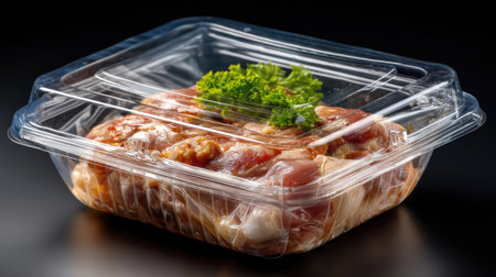 A clear plastic container holds fresh marinated chicken pieces, garnished with parsley, showcasing a convenient option for meal preparation or cooking.の素材