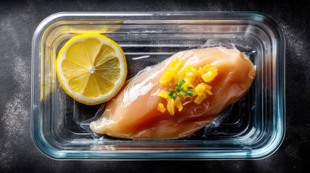 A vibrant scene featuring a fresh chicken breast topped with herbs and lemon slices, perfect for meal prep, cooking, or healthy eating inspiration.の素材