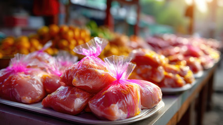 This vibrant image showcases neatly packaged chicken cuts at an outdoor market surrounded by colorful produce, highlighting freshness and local food culture.の素材