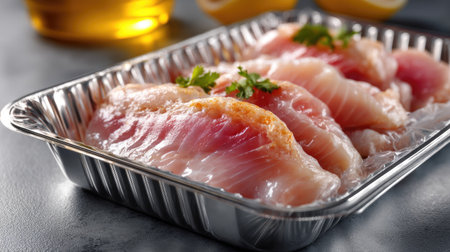 Fresh raw fish fillets in an aluminum tray, garnished with herbs, set against a backdrop of lemon and cooking oil, perfect for culinary inspiration.の素材