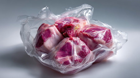 A collection of raw meat cuts wrapped in transparent plastic, showcasing freshness and quality for culinary enthusiasts in kitchen settings.の素材