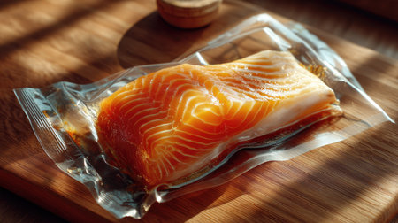 A beautifully arranged salmon fillet, vacuum-sealed, rests on a wooden board under natural light, highlighting its vibrant colors and textures, ideal for culinary uses.の素材