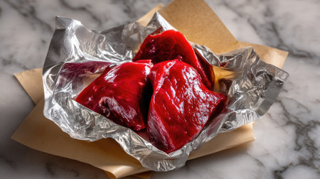 This image captures fresh red meat cuts neatly wrapped in foil, resting on a marble surface. Ideal for culinary uses, cooking, or food presentation.の素材