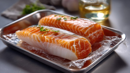 Fresh salmon fillets presented on a metal tray, perfect for culinary preparations, featuring vibrant colors and a touch of herbs for flavor enhancement.の素材