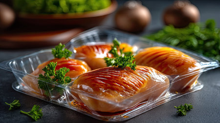 This image showcases freshly packaged glazed chicken thighs garnished with vibrant herbs, perfect for gourmet styling and culinary presentations.の素材
