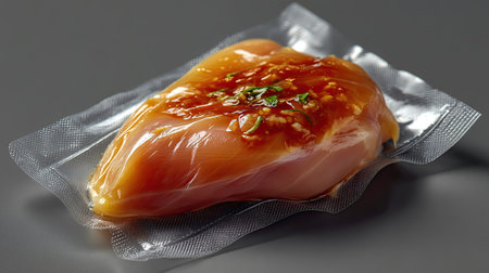 A close-up view of a fresh chicken breast marinated and packaged in vacuum seal. This image showcases preparation for cooking and meal planning.の素材