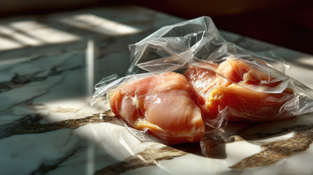 Fresh chicken thighs are placed in a plastic wrap on a luxurious marble countertop. Natural light creates interesting shadows, offering a culinary aesthetic.の素材