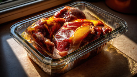 This image features fresh cuts of raw meat in clear packaging, illuminated by natural sunlight on a kitchen counter, ideal for food-related projects.の素材