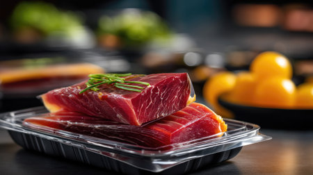 A vibrant display of fresh premium red meat cuts arranged in a sleek plastic tray. The dark background contrasts with yellow ingredients, highlighting the quality and freshness of the meat, making it an ideal choice for culinary professionals and food enthusiasts.の素材