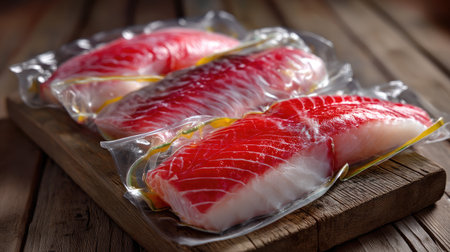 This image showcases fresh sashimi-grade fish slices in vacuum packaging, perfect for sushi enthusiasts and culinary professionals seeking high-quality seafood options.の素材