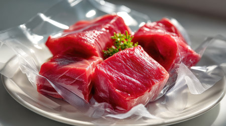 Fresh raw tuna cubes presented on a plate, elegantly vacuum-sealed, garnished with a touch of greenery, ideal for culinary dishes and recipes.の素材