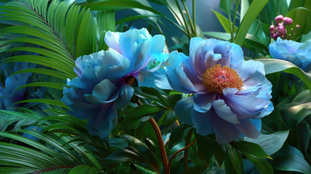 A stunning display of blue peony flowers nestled among lush green foliage creates a serene tropical atmosphere, perfect for floral designs or nature-inspired art.の素材