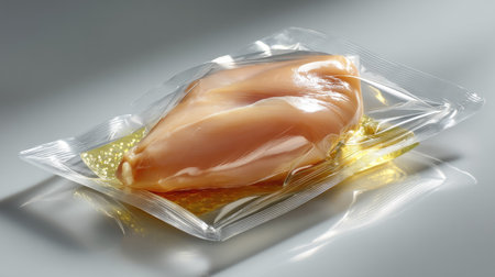 A stunning close-up of a fresh boneless chicken breast neatly packaged in vacuum sealing. Ideal for culinary presentations and food-related projects.の素材