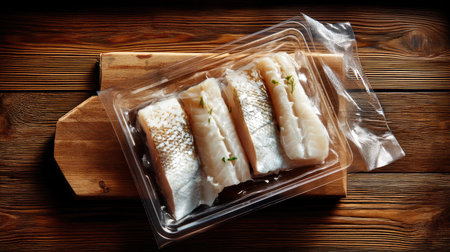 This image showcases fresh fish fillets packaged in a transparent plastic, beautifully placed on a wooden cutting board. Perfect for culinary presentations.の素材