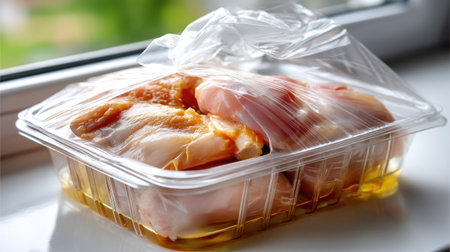 Freshly marinated chicken pieces neatly packaged in a plastic wrap sit on a kitchen windowsill, illuminated by natural light, perfect for meal preparation.の素材