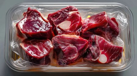 A variety of fresh raw meat cuts neatly arranged in a clear plastic container, showcasing the vibrant red color ideal for culinary preparations. Perfect for chefs or home cooks.の素材