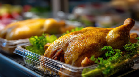 A beautifully roasted chicken garnished with fresh greens is showcased in a market. This appealing image captures the essence of culinary delight and freshness.の素材