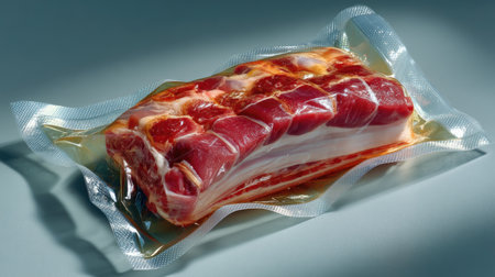 A beautifully presented piece of raw meat, expertly sealed in a vacuum pack to preserve its freshness and enhance its quality for culinary uses.の素材