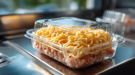 A clear plastic container holding a comforting meal featuring creamy pasta and tender meat, ideal for takeaway or dining on the go.の素材
