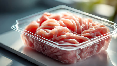 A close-up view of freshly packaged raw chicken breast slices displayed in a clear container. Ideal for meal preparation and healthy cooking, showcasing modern culinary appeal.の素材