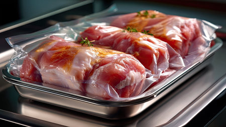 This image showcases freshly packaged raw meat in vacuum sealed bags, neatly arranged on a metal tray, highlighting cleanliness and food readiness.の素材