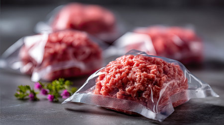 High-quality ground meat in vacuum-sealed packaging, showcasing freshness and flavor. Perfect for meal preparation and enhancing culinary experiences.の素材