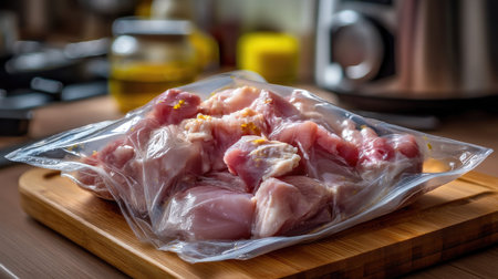 Fresh chicken pieces placed in a vacuum-sealed bag, resting on a wooden cutting board, ideal for meal preparation in a warm kitchen environment.の素材