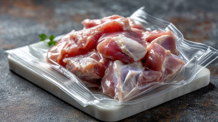A visually appealing display of raw chicken pieces in vacuum sealed packaging, set on a marble board, ideal for culinary uses and meal preparation.の素材