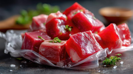 A captivating display of freshly cut beef cubes surrounded by herbs and coarse salt, perfect for culinary enthusiasts seeking high-quality ingredients.の素材