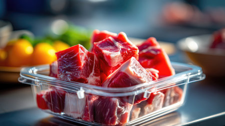 A vibrant display of fresh beef cubes set in a clear container, perfect for culinary preparations. Surrounded by colorful vegetables and fruits, this image captures the essence of cooking with quality ingredients.の素材
