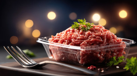 A vibrant display of fresh ground meat in a transparent plastic container, accompanied by a fork and garnished with parsley, set against a softly glowing background.の素材