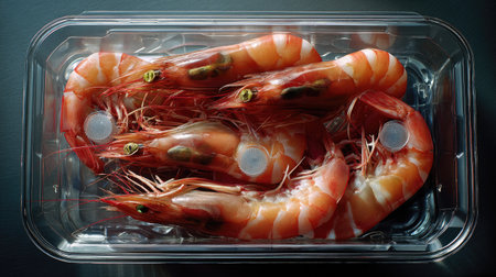 High-quality image of freshly caught shrimp displayed in a clear container, ideal for culinary presentations and seafood dish ideas. Perfect for food enthusiasts!の素材