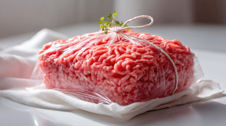 A block of freshly packaged raw ground meat is presented in clear plastic wrap, adorned with a sprig of garnish, set against a subtle light background, perfect for culinary inspiration.の素材