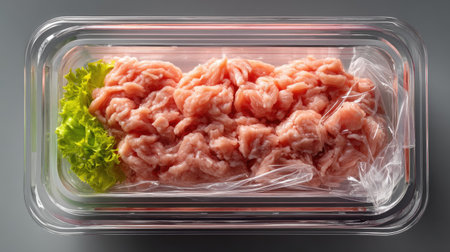 A portion of fresh ground meat displayed in a transparent container, elegantly wrapped in plastic to maintain freshness, accompanied by a crisp lettuce leaf. Perfect for culinary projects or food preparation visuals.の素材