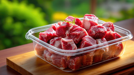 A vibrant display of freshly cut raw meat cubes in a clear plastic container. The background features a lush green setting, ideal for cooking enthusiasts.の素材