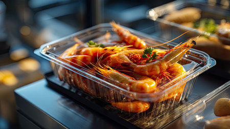 A mouthwatering display of freshly cooked shrimps presented in a clear plastic container. Garnished with herbs, this seafood delicacy is a feast for the eyes and palate, perfect for any dining occasion.の素材