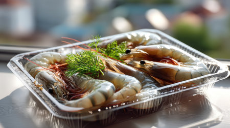 Fresh raw shrimp presented in a clear plastic container with a vibrant green herb garnish, perfect for culinary inspiration or food photography.の素材