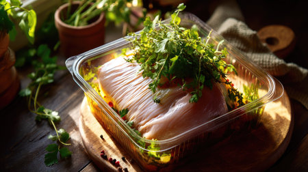 A captivating image of fresh chicken breast topped with vibrant herbs in a transparent container, highlighting the essence of healthy cooking and natural flavors.の素材