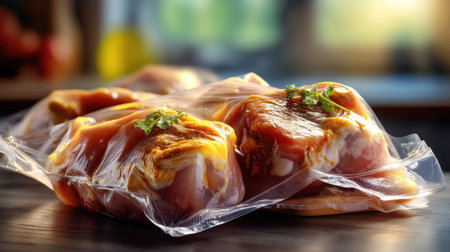 Fresh vacuum sealed chicken thighs ready for cooking, presented in a modern kitchen setting with natural light illuminating the scene, highlighting the freshness.の素材