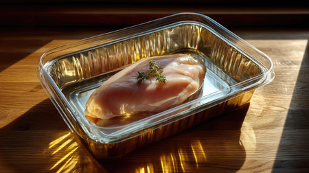 A fresh raw chicken breast garnished with a sprig of thyme sits in a shiny metallic tray on a warm wooden surface, beautifully lit by sunlight.の素材