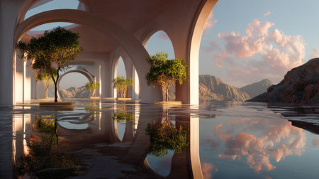 A stunning architectural space featuring serene reflections of trees and mountains under a colorful sunset sky, conveying tranquility and beauty.の素材